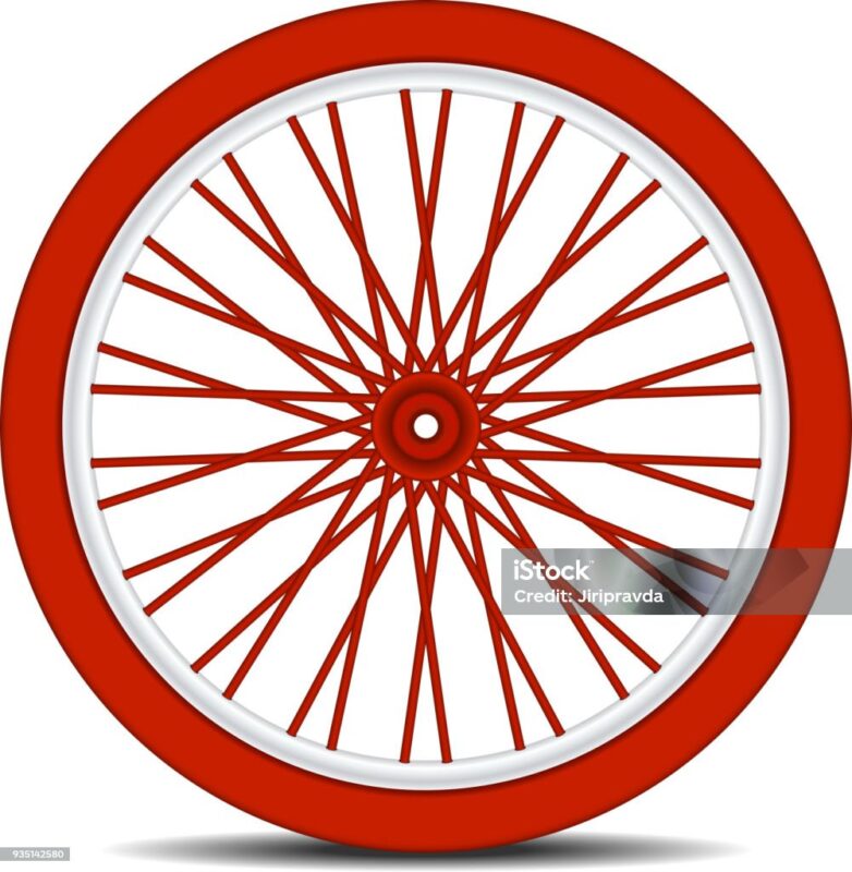 Bicycle wheel in red design with shadow on white background