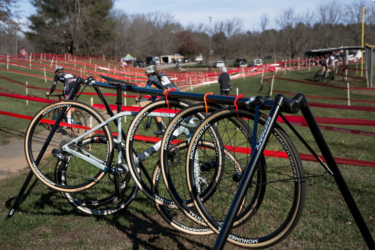 Monumental cyclocross wheels in the pit at a race